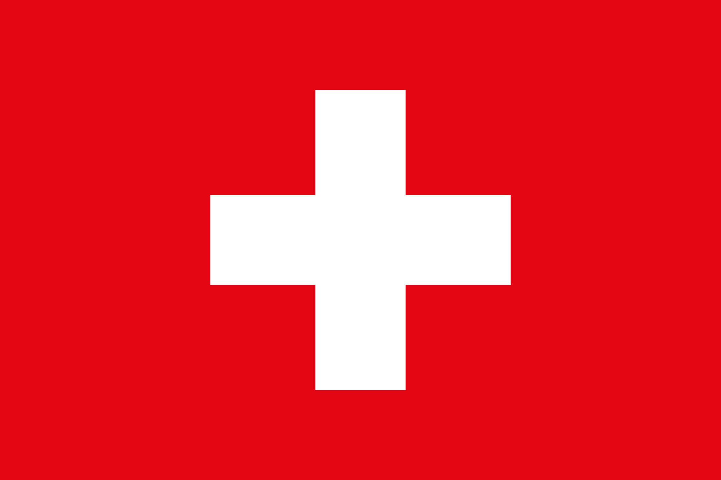 Flagge der Schweiz: Rotes Quadrat mit einem zentrierten, gleichschenkligen, weißen Kreuz. Nationales Symbol.