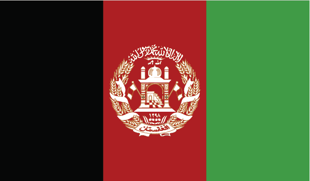 Flagge von Afghanistan mit vertikalen Streifen: Schwarz, Rot, Grün. Wappen mit Schahada, Moschee, Ähren.