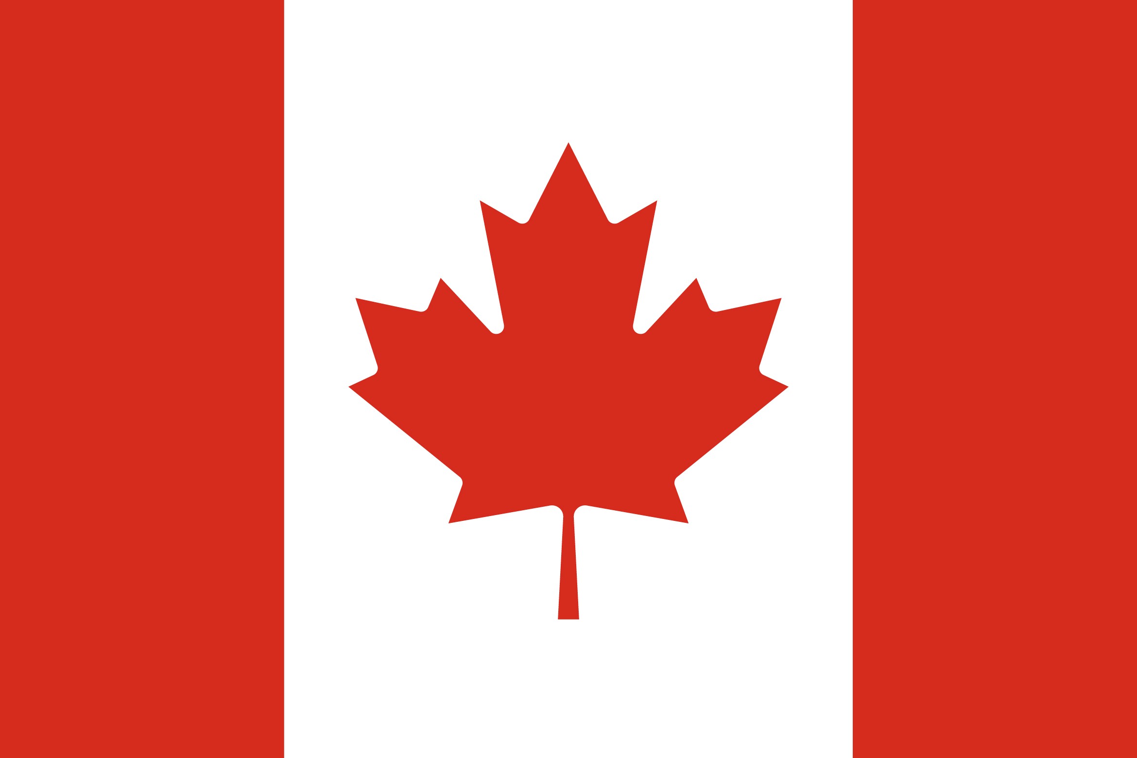 Flagge von Kanada. Vertikale rote Streifen flankieren ein weißes Feld mit einem roten Ahornblatt.