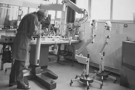 Ein Profi arbeitet an einer Werkbank mit Karl Kaps "Microscopes made in Germany".