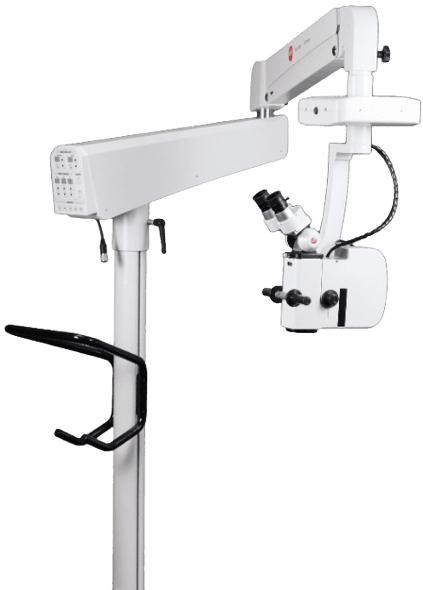 Karl Kaps Microscopes made in Germany: The microscope is white and mounted on a stand with arms.