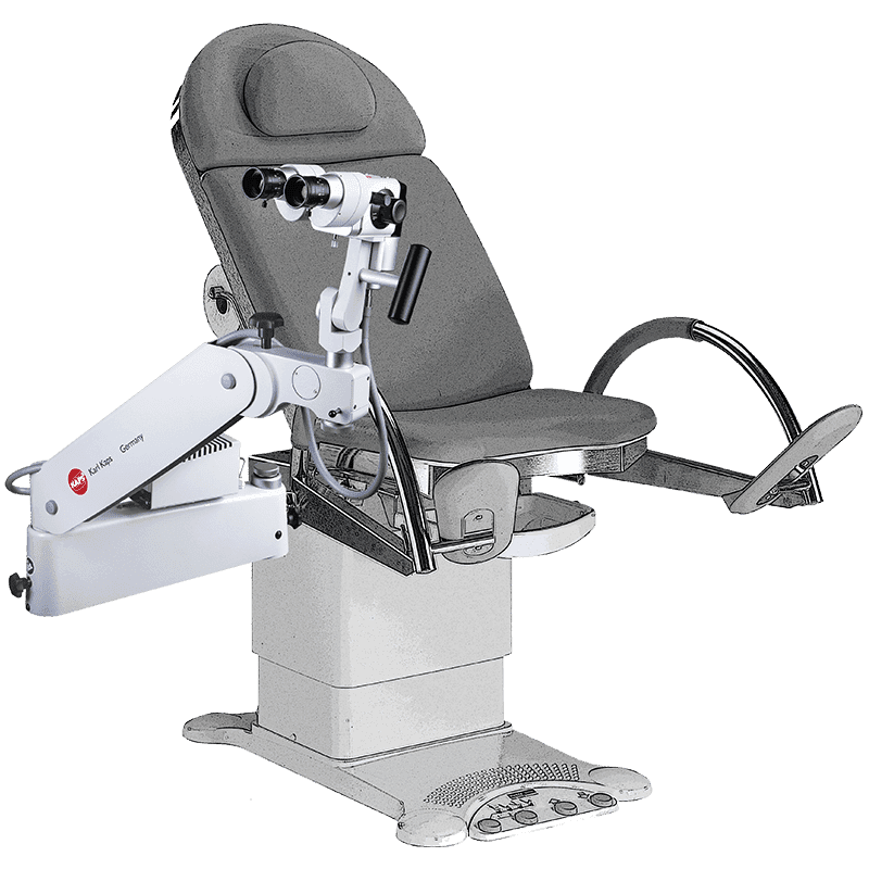 Karl Kaps, Microscopes made in Germany, colposcope on examination chair, white base. Gray seat and headrest.