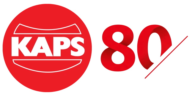 Karl Kaps Logo. Rot, mit "KAPS", und "80 Jahre". Mikroskope made in Germany.