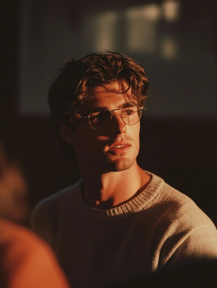 A person with glasses looks to the side, facing a light source. Soft light creates an artistic composition.