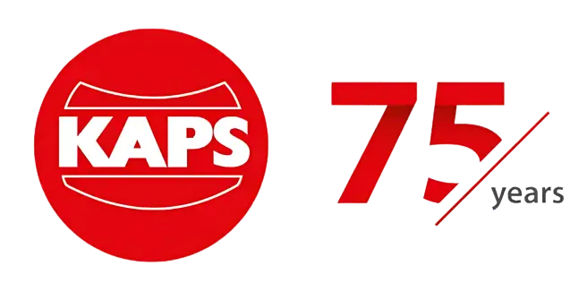 Karl Kaps Logo. Rot, mit "KAPS", und "75 Jahre". Mikroskope made in Germany.